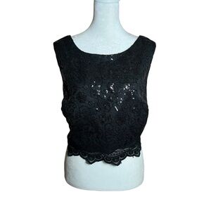 Black Lace Sequin Sleeveless Crop Top Zip Y2K Whimsigoth Jodi Kristopher Sz XL